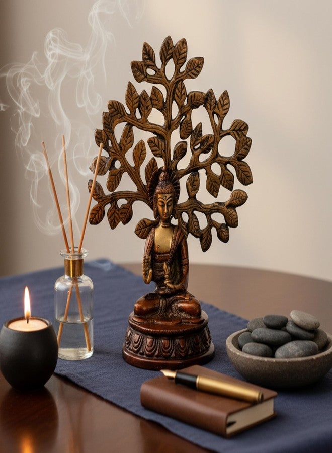 ESPLANADE Meditating Buddha with Nirvana Bodhi Tree Samadhi Showpiece Statue Sculpture Figurine Home Decor | Brass - Brown - 7" Inches - Image 2